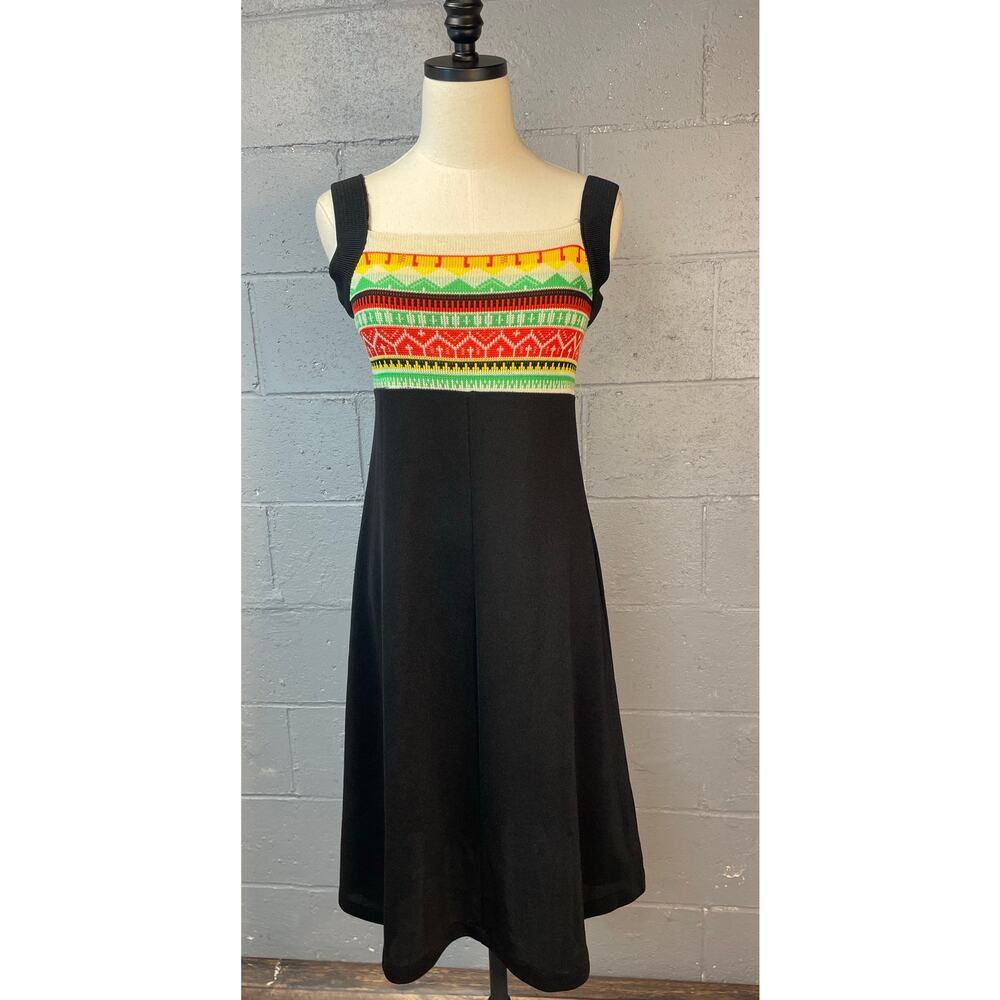 Vtg 70s JC Penney Black Knit Geometric Woven Sleeveless Dress Boho Festival B7